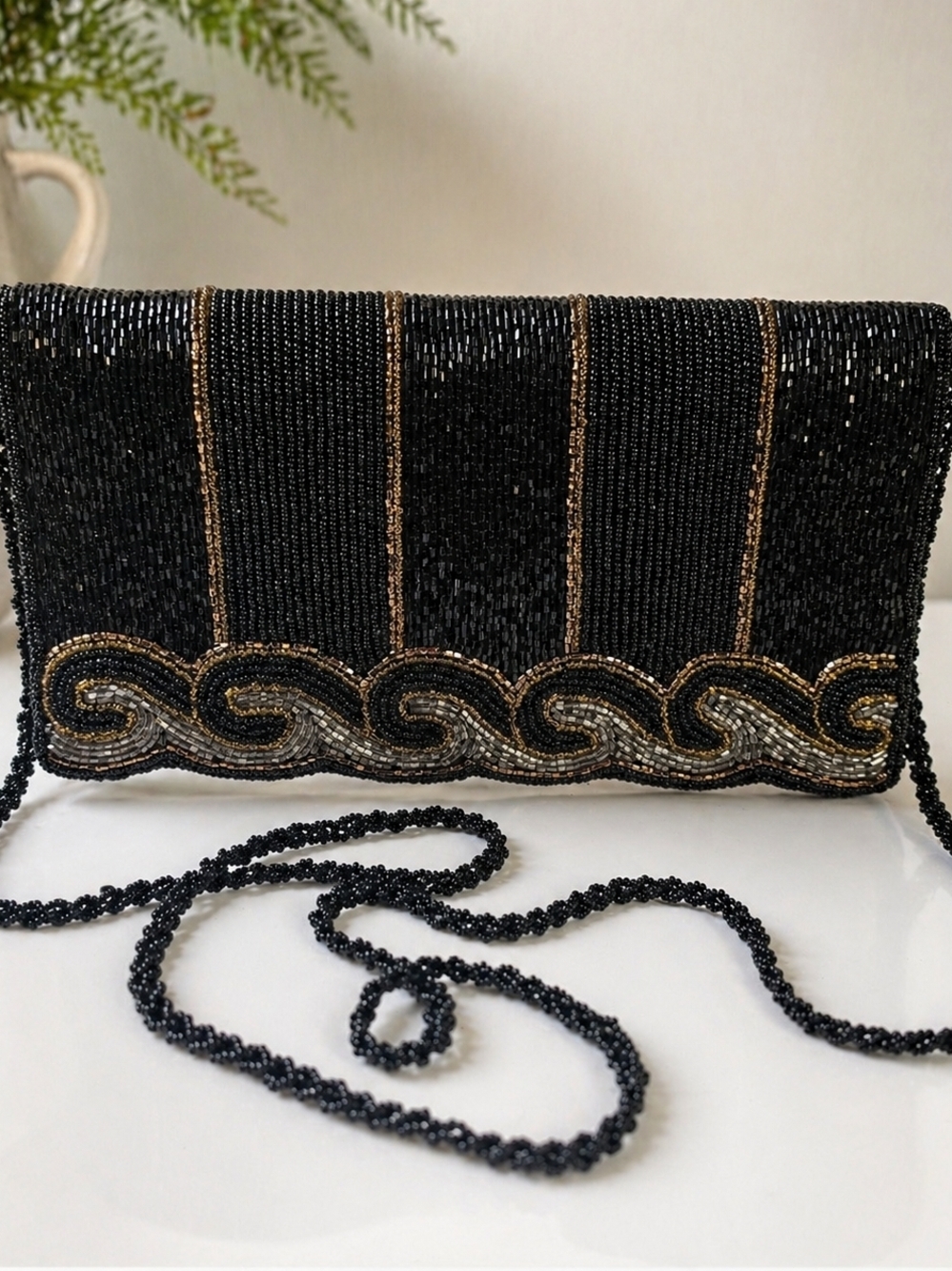 Vintage Magid Hand Beaded Evening Bag Black Gold Silver Art Deco Glam